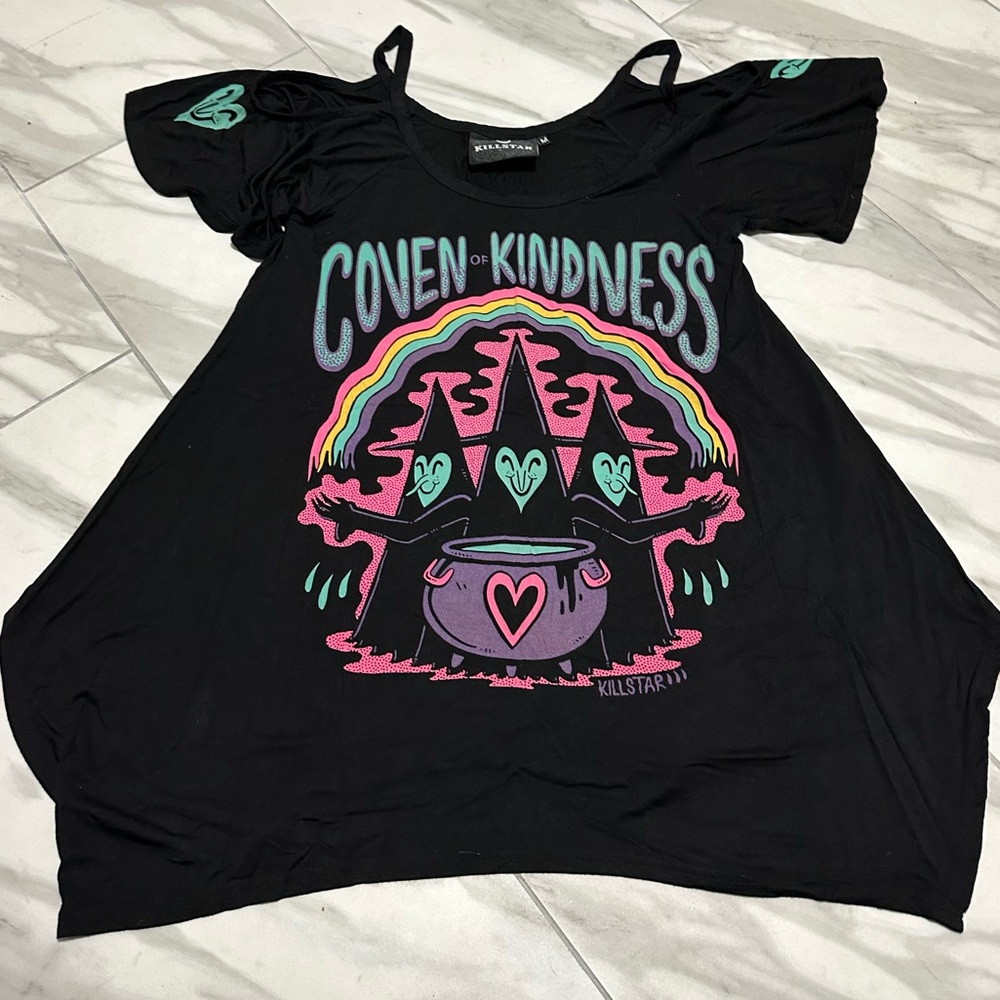 Killstar coven of kindness witch gothic print shirt top bat cut asymmetrical